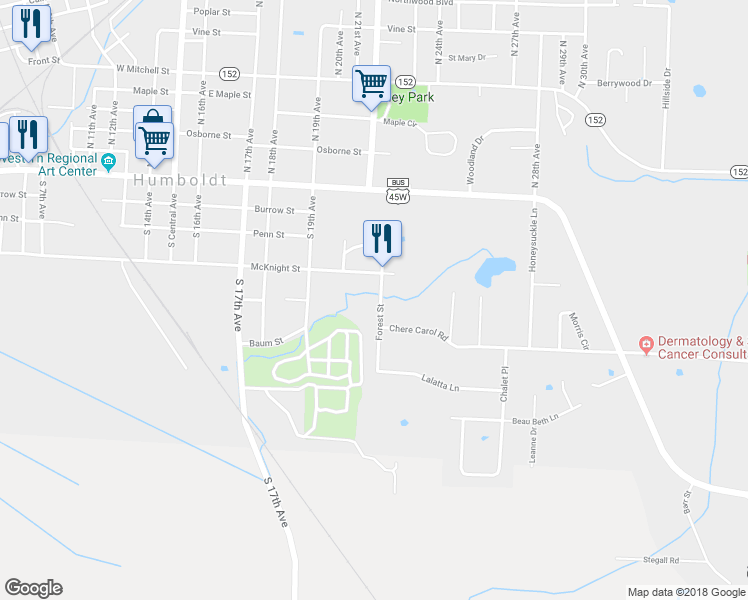 map of restaurants, bars, coffee shops, grocery stores, and more near 419 Forest Street in Humboldt
