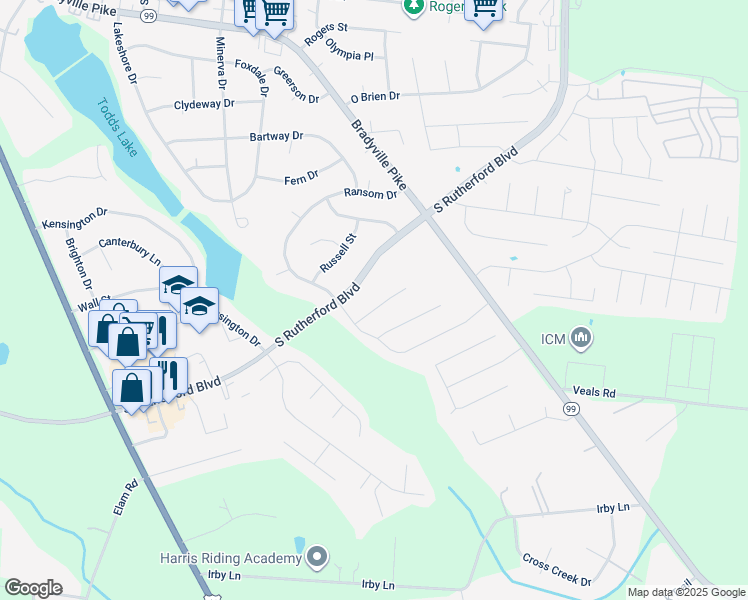 map of restaurants, bars, coffee shops, grocery stores, and more near 1918 South Rutherford Boulevard in Murfreesboro
