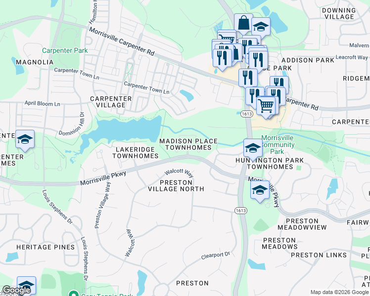 map of restaurants, bars, coffee shops, grocery stores, and more near 105 Ashmore Drive in Cary