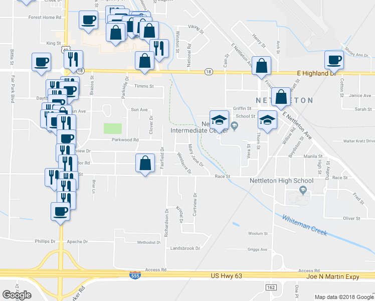 map of restaurants, bars, coffee shops, grocery stores, and more near 2403 Mary Jane Drive in Jonesboro