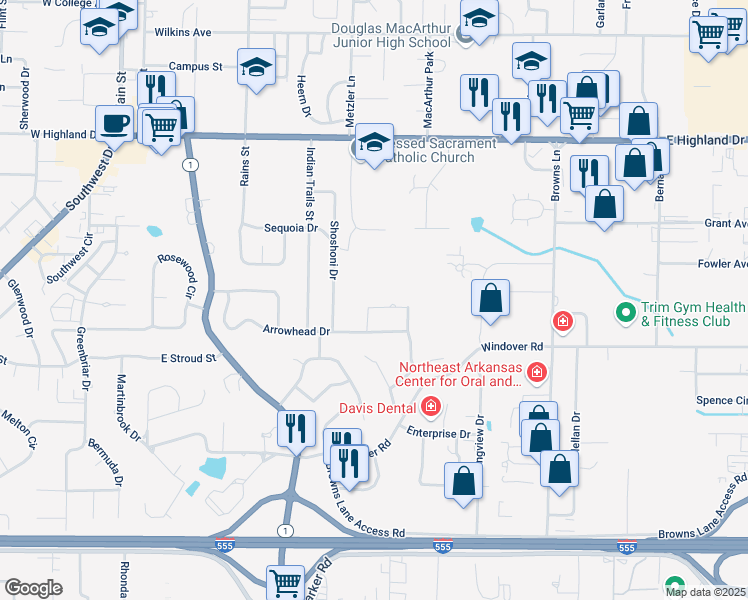 map of restaurants, bars, coffee shops, grocery stores, and more near 912 Lombardy Circle in Jonesboro