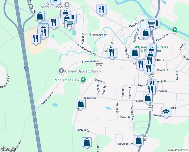 map of restaurants, bars, coffee shops, grocery stores, and more near 304 South Stout Street in Randleman