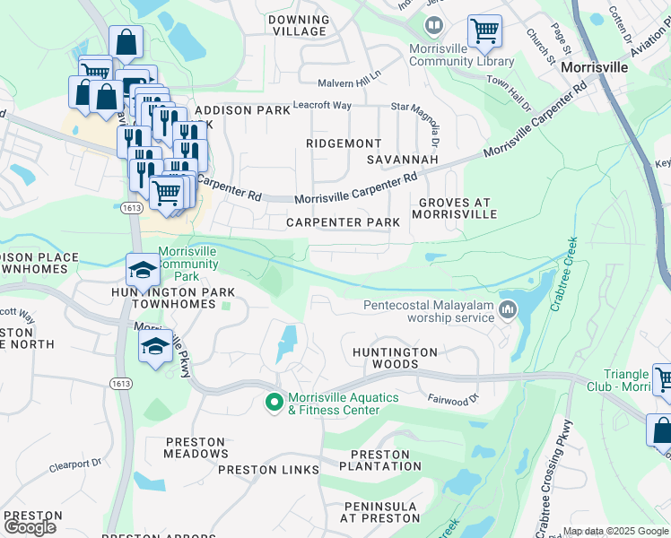 map of restaurants, bars, coffee shops, grocery stores, and more near 2922 Kudrow Lane in Morrisville