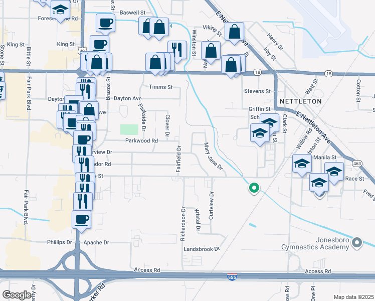 map of restaurants, bars, coffee shops, grocery stores, and more near 3504 Fairview Dr in Jonesboro