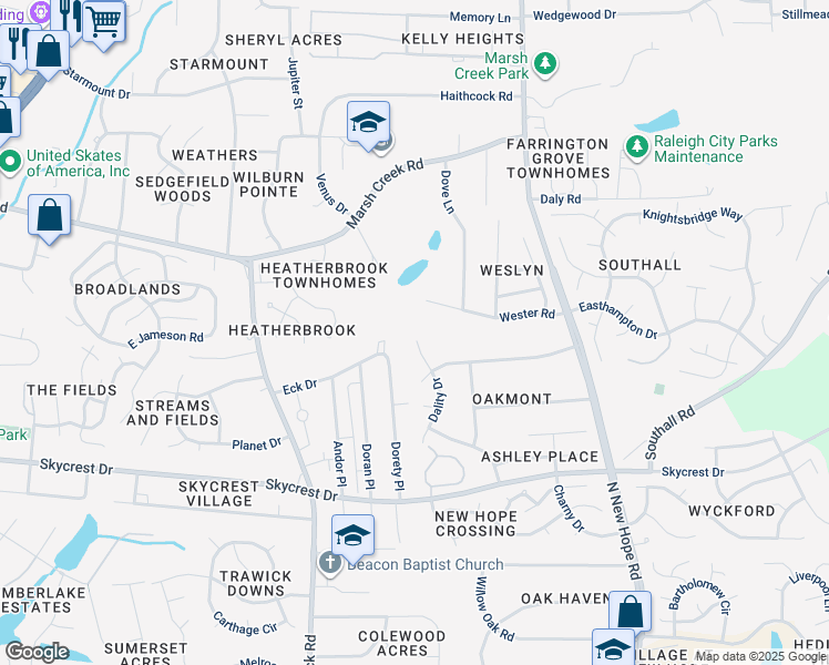 map of restaurants, bars, coffee shops, grocery stores, and more near 2632 Dality Drive in Raleigh