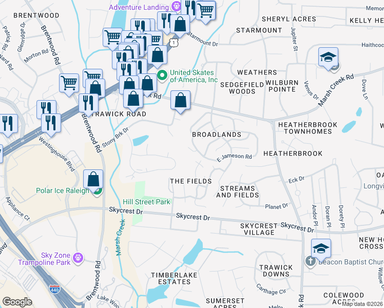 map of restaurants, bars, coffee shops, grocery stores, and more near 2812 Clonnel Court in Raleigh