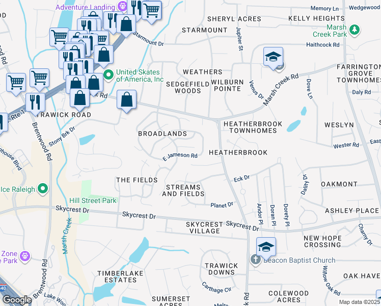 map of restaurants, bars, coffee shops, grocery stores, and more near 3612 E Jameson Rd in Raleigh
