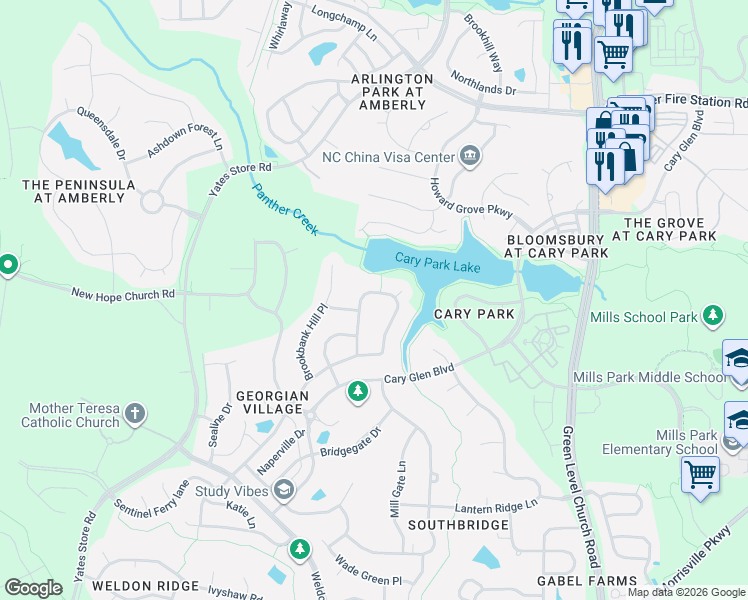 map of restaurants, bars, coffee shops, grocery stores, and more near 951 Alden Bridge Drive in Cary