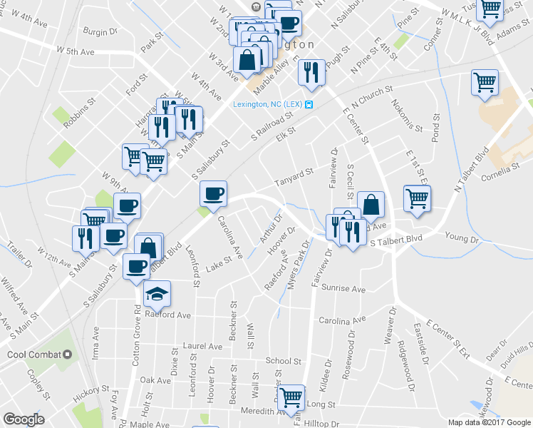 map of restaurants, bars, coffee shops, grocery stores, and more near Washington Avenue in Lexington