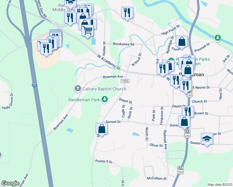 map of restaurants, bars, coffee shops, grocery stores, and more near 304 South Stout Street in Randleman