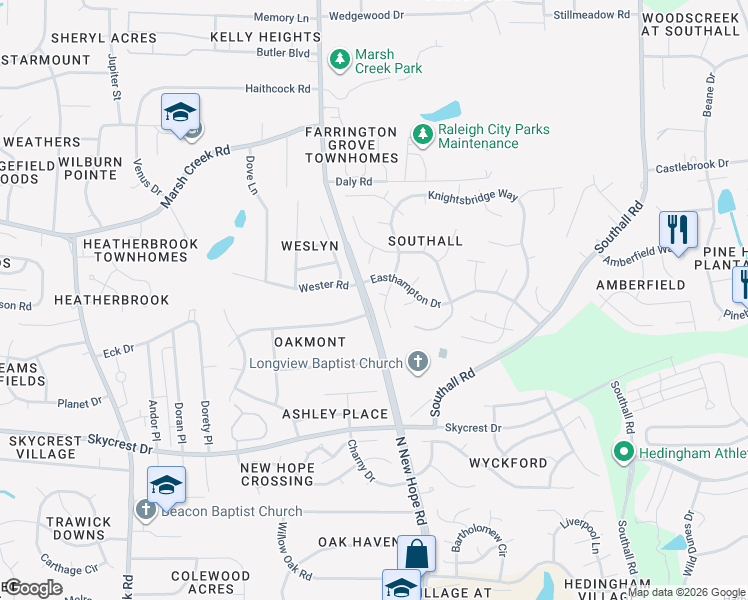 map of restaurants, bars, coffee shops, grocery stores, and more near 4225 Knightsbridge Way in Raleigh