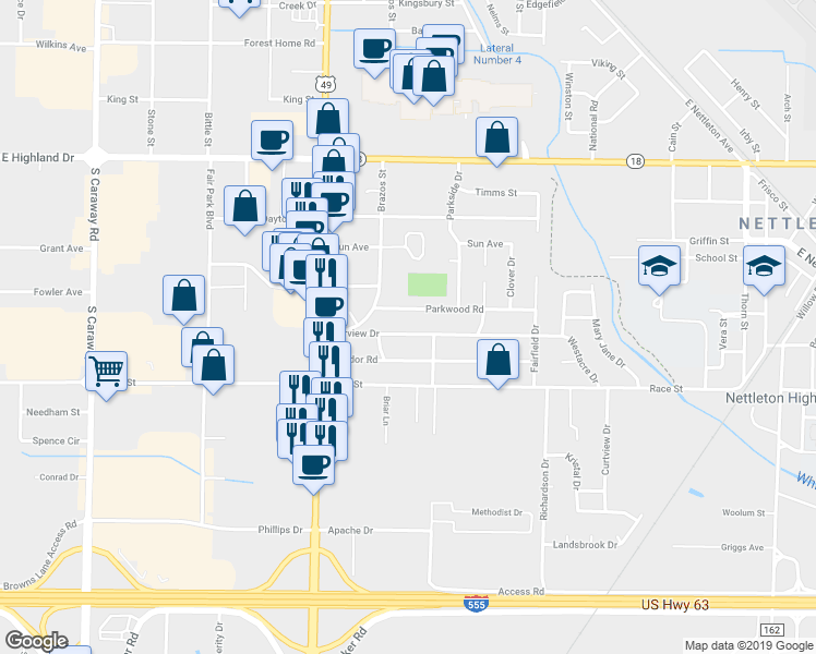 map of restaurants, bars, coffee shops, grocery stores, and more near 3118 Fairview Drive in Jonesboro