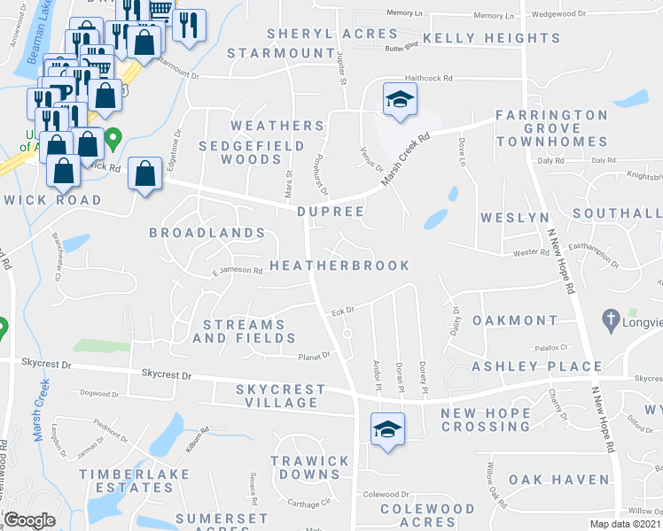 map of restaurants, bars, coffee shops, grocery stores, and more near 2709 Heathersmith Court in Raleigh