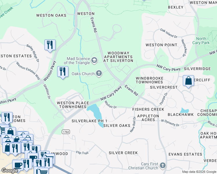 map of restaurants, bars, coffee shops, grocery stores, and more near Northwest Cary Parkway in Cary