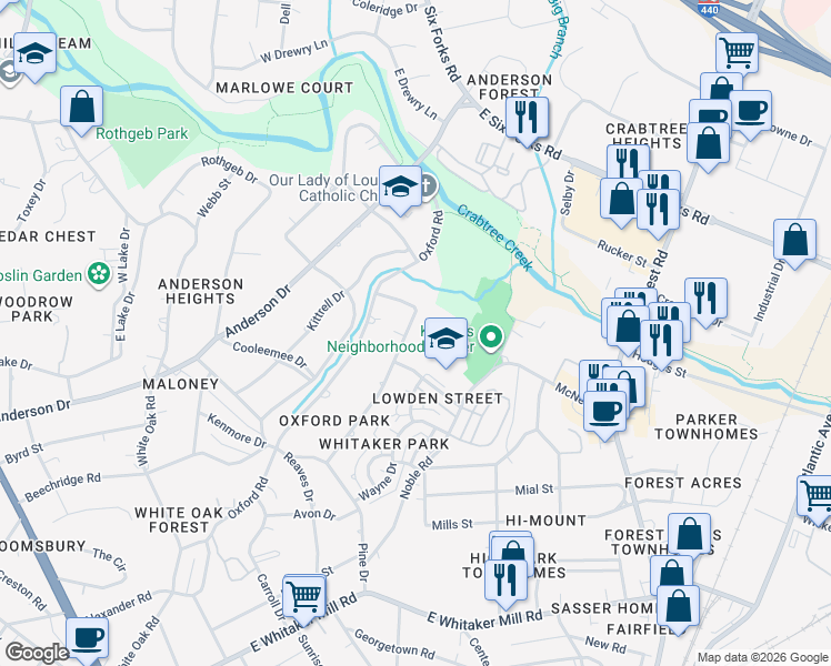 map of restaurants, bars, coffee shops, grocery stores, and more near 2518 Medway Drive in Raleigh