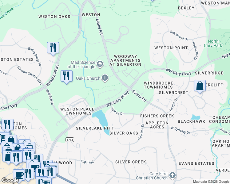 map of restaurants, bars, coffee shops, grocery stores, and more near Northwest Cary Parkway in Cary