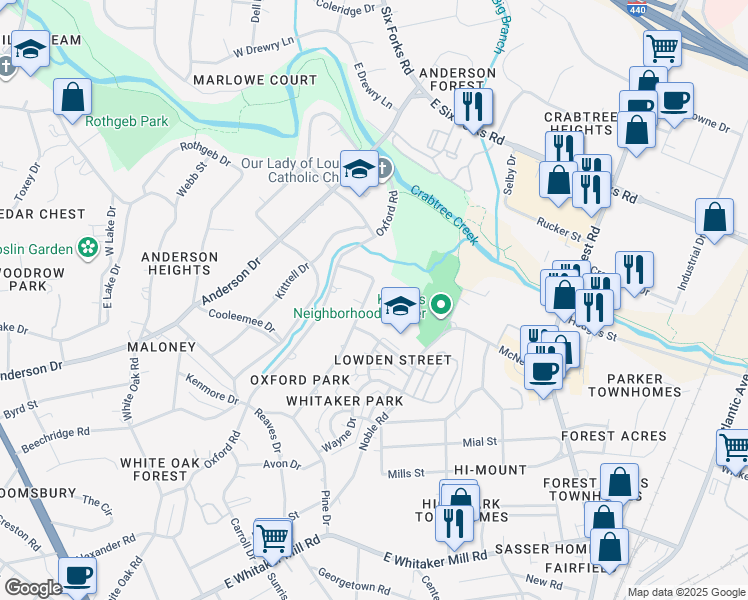 map of restaurants, bars, coffee shops, grocery stores, and more near 2518 Medway Drive in Raleigh
