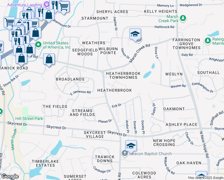 map of restaurants, bars, coffee shops, grocery stores, and more near 2709 Heathersmith Court in Raleigh