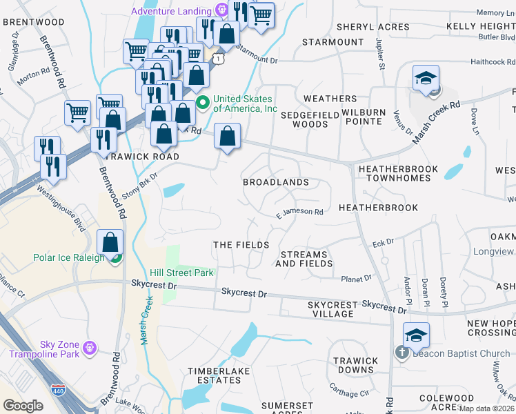 map of restaurants, bars, coffee shops, grocery stores, and more near 2704 West Jameson Road in Raleigh