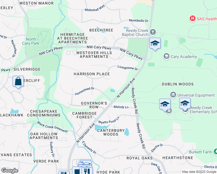 map of restaurants, bars, coffee shops, grocery stores, and more near 110 Homestead Drive in Cary