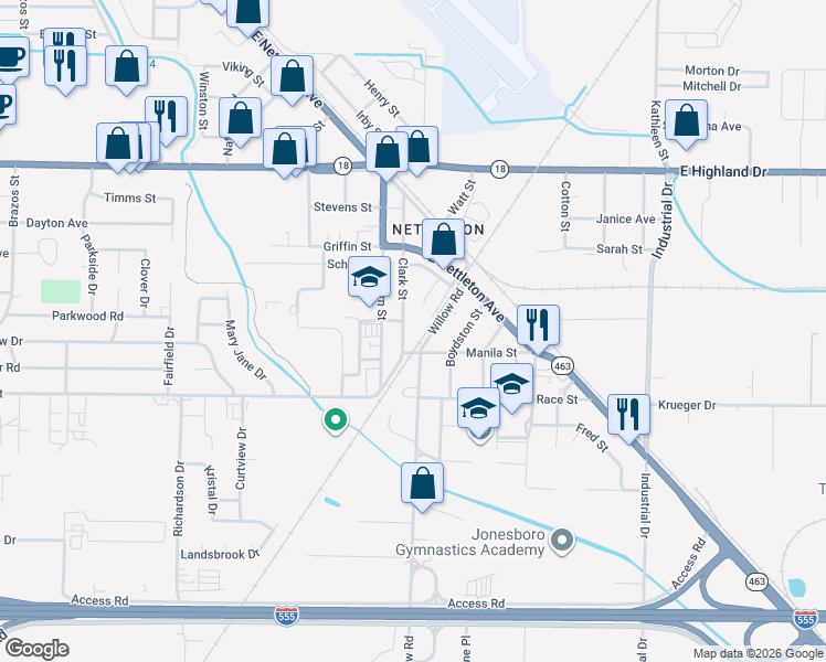 map of restaurants, bars, coffee shops, grocery stores, and more near 2310 Clark Street in Jonesboro