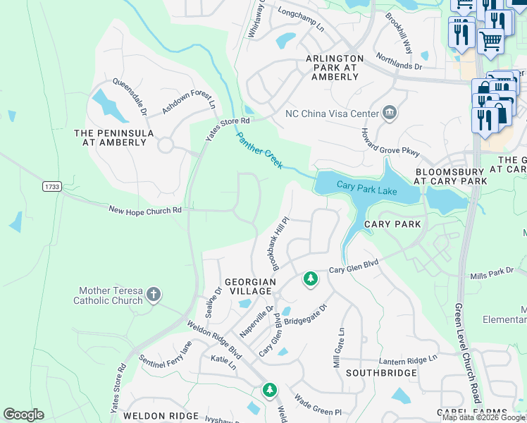 map of restaurants, bars, coffee shops, grocery stores, and more near 127 Brookbank Hill Place in Cary