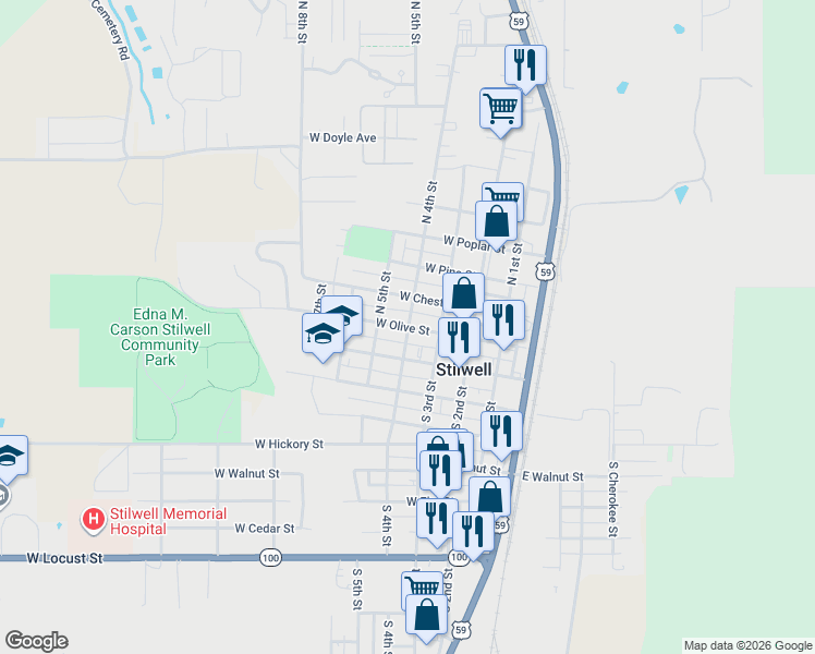 map of restaurants, bars, coffee shops, grocery stores, and more near 312 West Olive Street in Stilwell