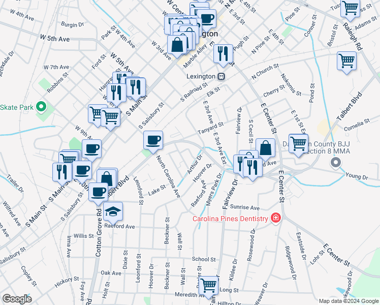 map of restaurants, bars, coffee shops, grocery stores, and more near 102 Washington Avenue in Lexington