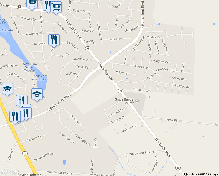 map of restaurants, bars, coffee shops, grocery stores, and more near 2248 Bradyville Pike in Murfreesboro