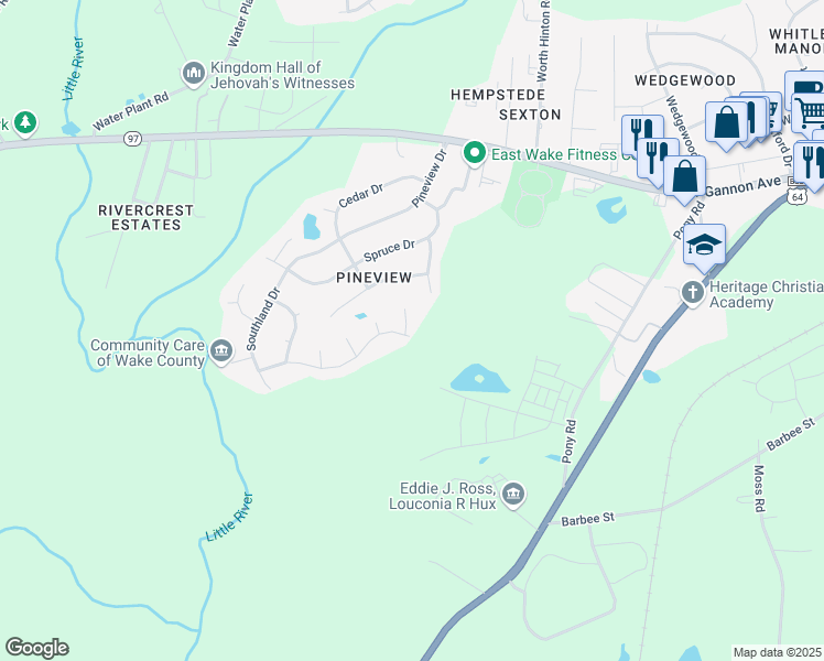 map of restaurants, bars, coffee shops, grocery stores, and more near 1212 Piney Glen Lane in Zebulon