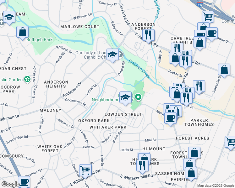 map of restaurants, bars, coffee shops, grocery stores, and more near 2522 Medway Drive in Raleigh