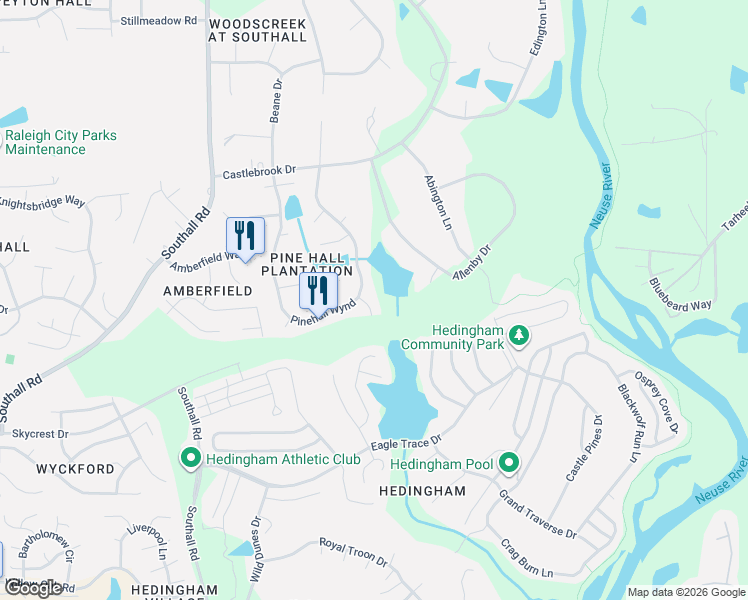map of restaurants, bars, coffee shops, grocery stores, and more near 5240 Pinehall Wynd in Raleigh