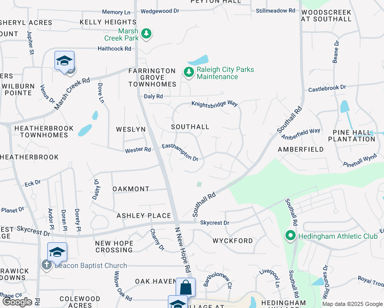 map of restaurants, bars, coffee shops, grocery stores, and more near 4424 Easthampton Drive in Raleigh