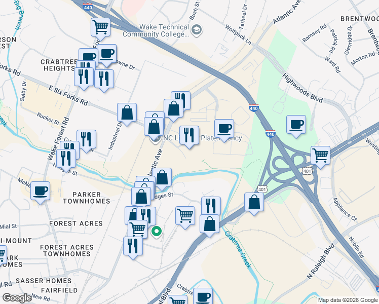 map of restaurants, bars, coffee shops, grocery stores, and more near 2600 Mellowfield Drive in Raleigh