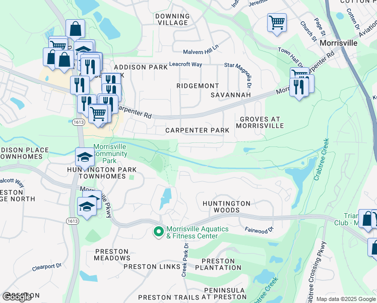 map of restaurants, bars, coffee shops, grocery stores, and more near 2922 Kudrow Lane in Morrisville