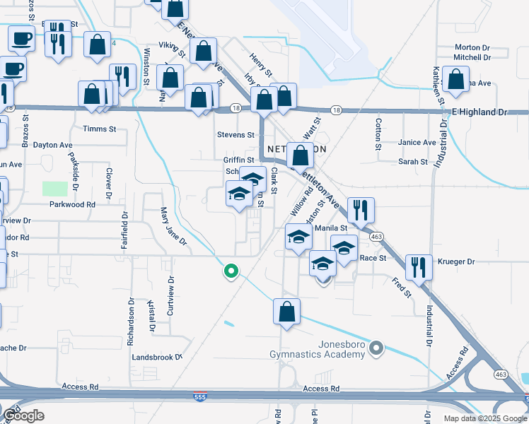 map of restaurants, bars, coffee shops, grocery stores, and more near 2309 Thorn Street in Jonesboro