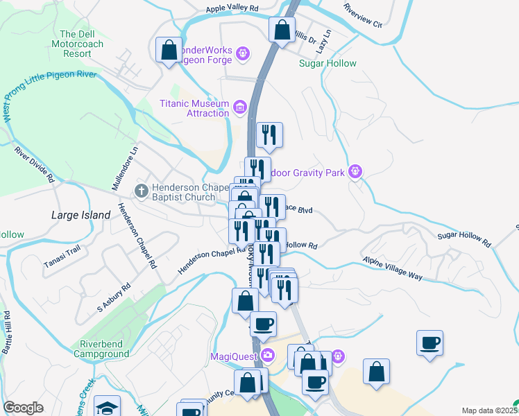 map of restaurants, bars, coffee shops, grocery stores, and more near 124 Plaza Drive in Pigeon Forge
