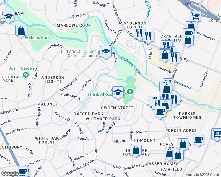 map of restaurants, bars, coffee shops, grocery stores, and more near 2522 Medway Drive in Raleigh