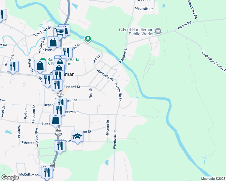 map of restaurants, bars, coffee shops, grocery stores, and more near Martha Court in Randleman