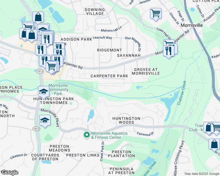 map of restaurants, bars, coffee shops, grocery stores, and more near 2300 Kudrow Lane in Morrisville