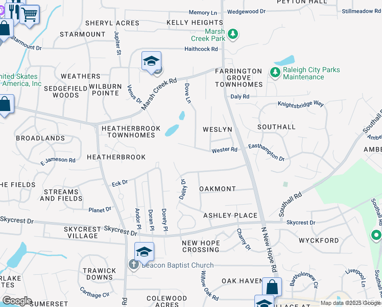 map of restaurants, bars, coffee shops, grocery stores, and more near 3818 Wester Road in Raleigh
