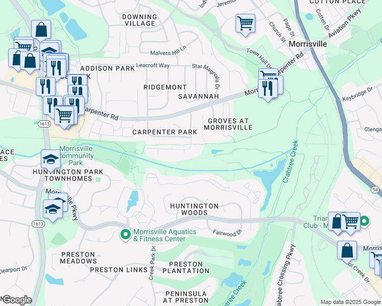 map of restaurants, bars, coffee shops, grocery stores, and more near 1723 Kudrow Lane in Morrisville