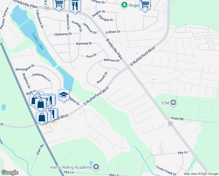 map of restaurants, bars, coffee shops, grocery stores, and more near 1918 South Rutherford Boulevard in Murfreesboro