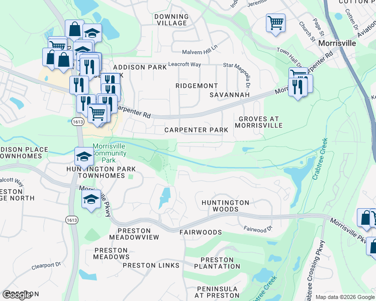 map of restaurants, bars, coffee shops, grocery stores, and more near 2922 Kudrow Lane in Morrisville