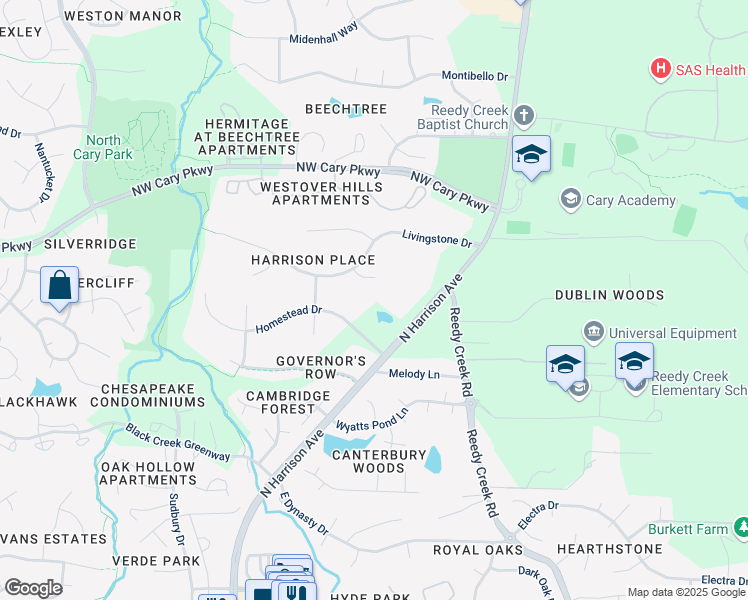 map of restaurants, bars, coffee shops, grocery stores, and more near 110 Homestead Drive in Cary