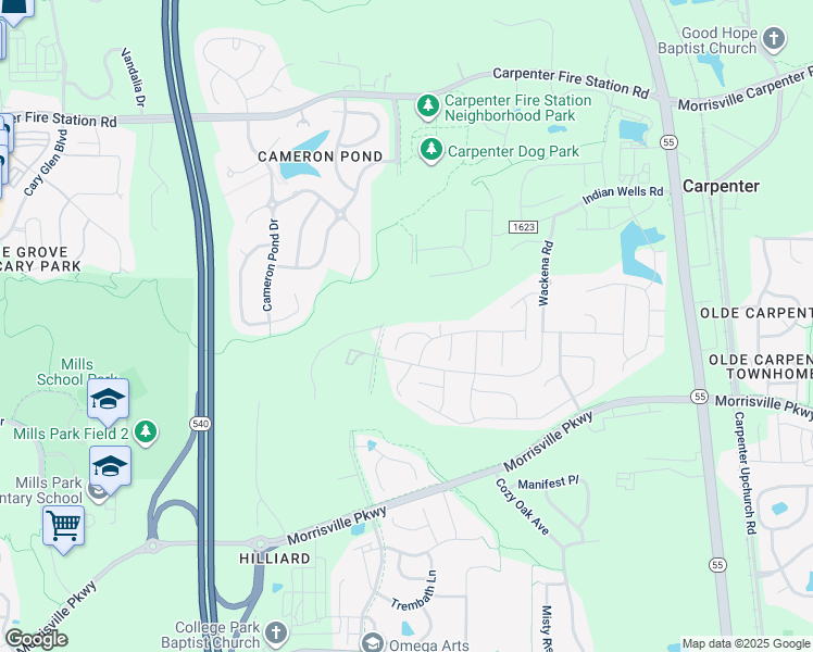 map of restaurants, bars, coffee shops, grocery stores, and more near 417 Gilpin Way in Cary
