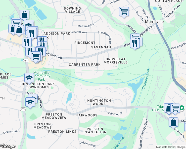 map of restaurants, bars, coffee shops, grocery stores, and more near 1723 Kudrow Lane in Morrisville