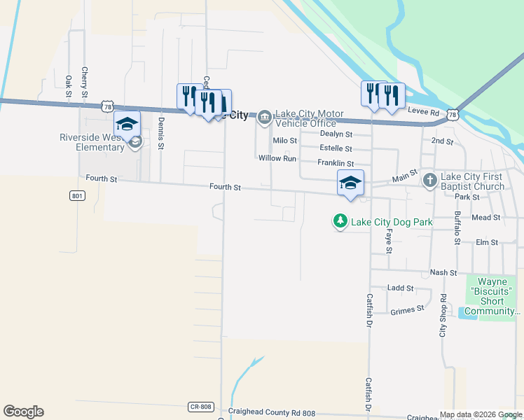 map of restaurants, bars, coffee shops, grocery stores, and more near 1008 5th Street in Lake City