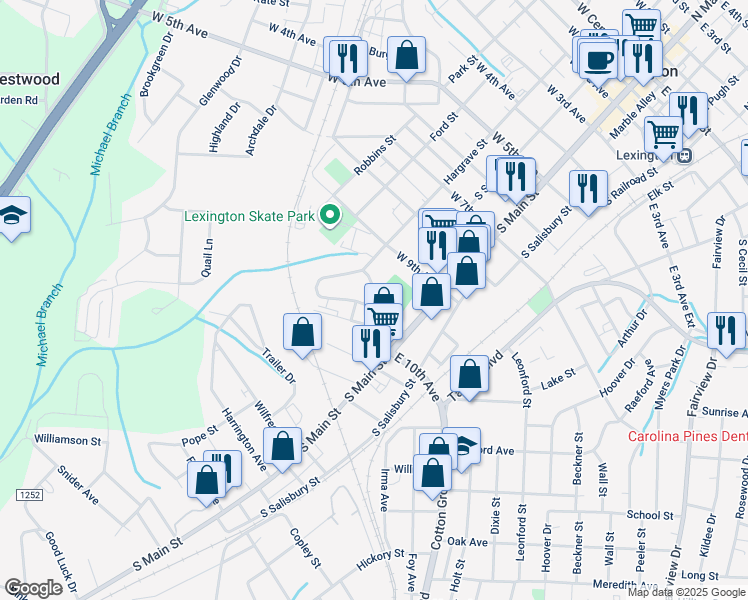 map of restaurants, bars, coffee shops, grocery stores, and more near 999 Robbins Circle in Lexington