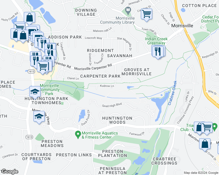 map of restaurants, bars, coffee shops, grocery stores, and more near 1723 Kudrow Lane in Morrisville